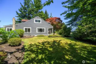 Expansive side yard with mature landscaping, vibrant hydrangeas, and dappled sunlight—offering a private, park-like setting perfect for relaxing!