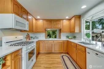 We turn into the Kitchen! So many cabinets meets all your storage wishes. Gas range for all your cooking and baking needs. AND...Brand New elegant Quartz countertops! Recessed can lighting, easy clean LVP flooring, deep Kitchen sink, and garden window make this room extra special.