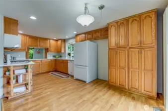 Zooming out you get a look at a few extra features. Built-in pantry cabinets, cookbook nook, and extra space for a freezer or...and I mean OR...you could put in a fridge/freezer subzero combo there. Poof! Mind blown! Also, there is plenty of space for a breakfast table here.