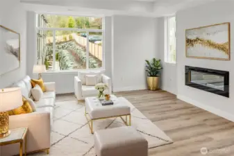 Cozy electric fireplace in living room (virtually staged)