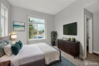 Bright and spacious primary bedroom - high ceilings (virtually staged)