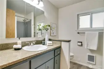 Newly updated bathroom on the main floor. Stone counters, updated lighting.