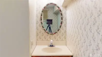 Downstairs half bath with a camera capture of ET! This bathroom is in the basement and just adjacent to the stairs and a few steps from the recreation room and crafts area!