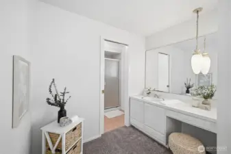 The spacious main bedroom features a private bathroom with a walk-in shower and a vanity, offering both comfort and convenience in one inviting space.