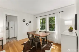 Dedicated dining area with window air conditioning unit that can be stored when not in use