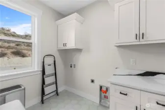The utility room is located at end of hallway on the upper level.