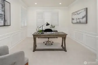 Designed for versatility, the main-level office provides a refined work-from-home setting with French doors, plantation shutters, crown molding, and custom millwork - or easily transforms into a welcoming guest retreat.