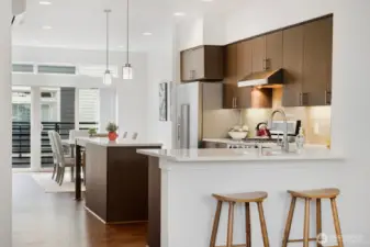 Kitchen counter peninsula for more storage and eating space.
