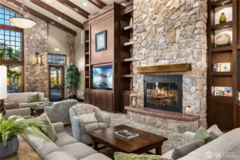 Cozy fireplace is a great place to spend time catching up with friencs