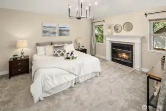 Large primary bedroom with another gas fireplace.