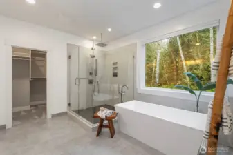 Luxury bath and shower with remote blinds for privacy.