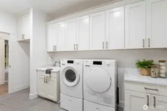 Large laundry room with deep sink and room for fridge.