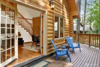 Wrap around deck and french doors to greet you. Windows and doors are of double glass high quality wood construction with Aluminum clad exterior profiles for maintenance free life and quality hardware including top and bottom locking pins for doors, operated by door handle.