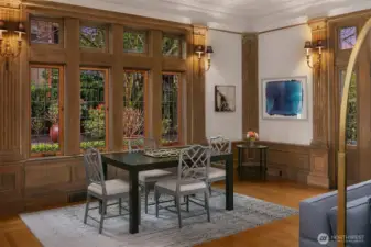 One more photo in the living room. Note the leaded glass windows.