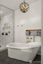 The primary bathroom soaking tub.