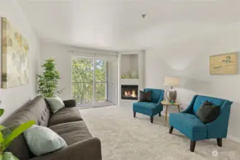 Cozy gas fireplace, nice deck off sliding glass door.