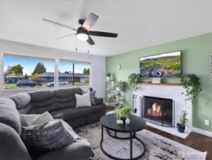 Cozy wood burning fireplace.