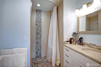Guest home bathroom with roll in shower...