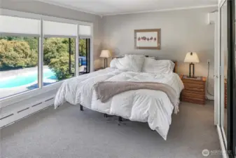 The primary bedroom, on the main level, is just down the hall from the living room. The sun will welcome you each morning as these floor to ceiling windows face east.