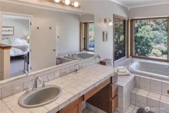 Primary en suite bathroom, with soaking tub, is extremely spacious. Watch the world go by as you soak away your worries.