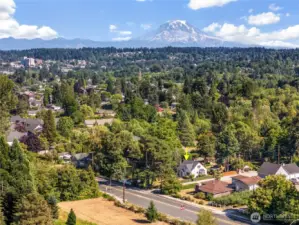 Aerial of home with Mt. Rainer in the distance
