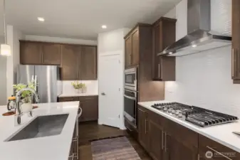 Undermounted stainless steel sink and a pantry in the corner (behind the door) with custom shelving.