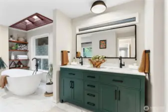 Recently updated Primary Bath with new vanity and soaker tub.