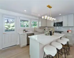 new cabinets, island, fixtures, lighting