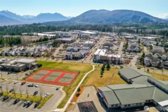 A view of the Ridge's "downtown", tennis courts, YMCA and school