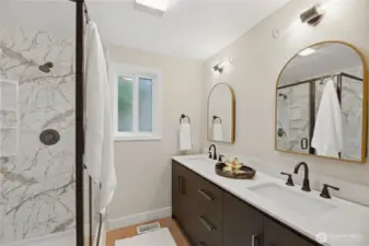 2 medicine chests with extra storage, large shower, dual sinks