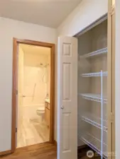 Upstairs full bathroom, large linen closet, doors open