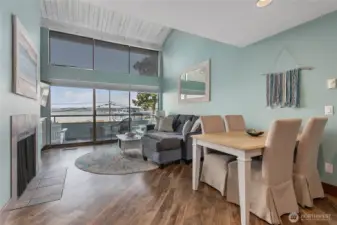 High ceilings and bay views from kitchen, dining and living room.