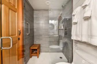 Beautiful custom finishes in bathroom on main floor with shower.