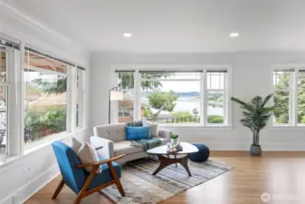 Placement of huge windows in living room takes advantage of the views of the Washington Narrows.