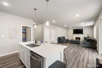 This open-concept kitchen offers clear sightlines to the living room and easy access to the walk-in pantry — combining beauty, function, and flow in one smart space.