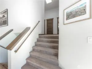 Modern staircase with clean lines connecting all three levels of the home.