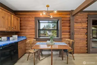 Dining space + a modern light fixture.