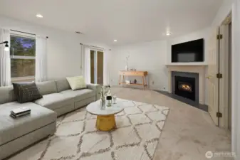 Virtually staged basement rec room