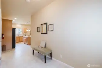 Bright entry with natural light and neutral finishes