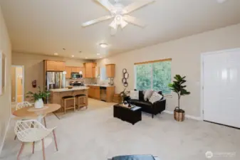 Spacious great room with direct flow to kitchen and dining areas