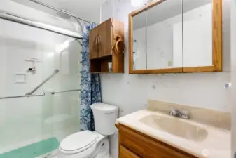 Full bathroom with a newer walk-in shower