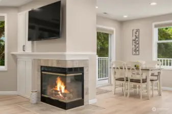 Wood burning fireplace. The cabinetry to the left offers ample storage for wood, games, media toys.