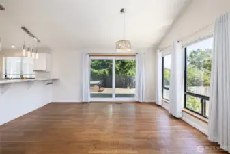 Hardwood floors, spectacular natural light, open-concept living room/dining area/kitchen.