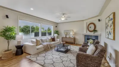 Built-in surround sound, smart thermostat, security system.