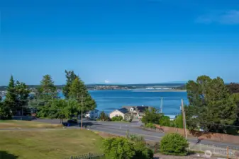 View looking out towards Oak Harbor marina and Mount Baker.