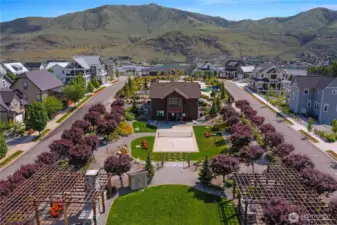 Aerial view of Lookout's Hilltop Park w/ pickleball court and playground.