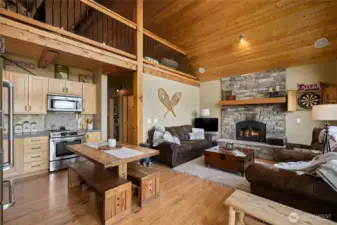 Knotty pine ceilings and exposed beams.