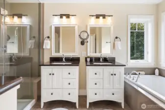 The spa-inspired primary bath features dual vanities, a soaking tub framed by windows, and a walk-in glass shower. Thoughtful finishes and natural light create a serene retreat for daily routines or unwinding at the end of the day.