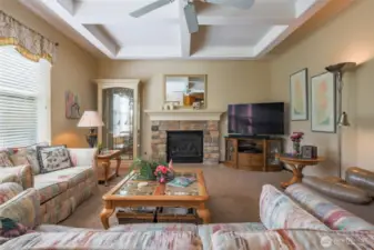 Family Room With Tray Ceiling.