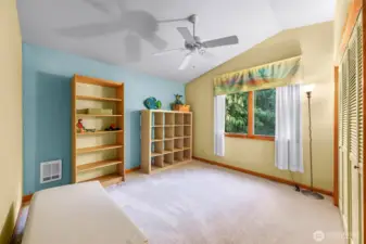 Spacious third bedroom with vaulted ceilings, a large closet with louvered doors, and soft natural light